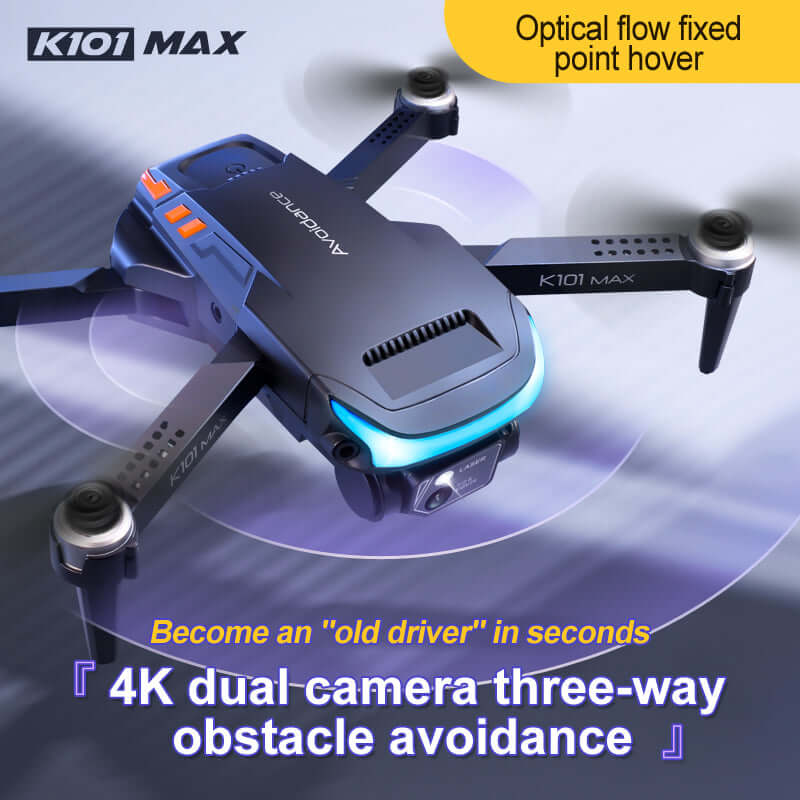 Front view of K101MAX 4K dual camera drone in flight