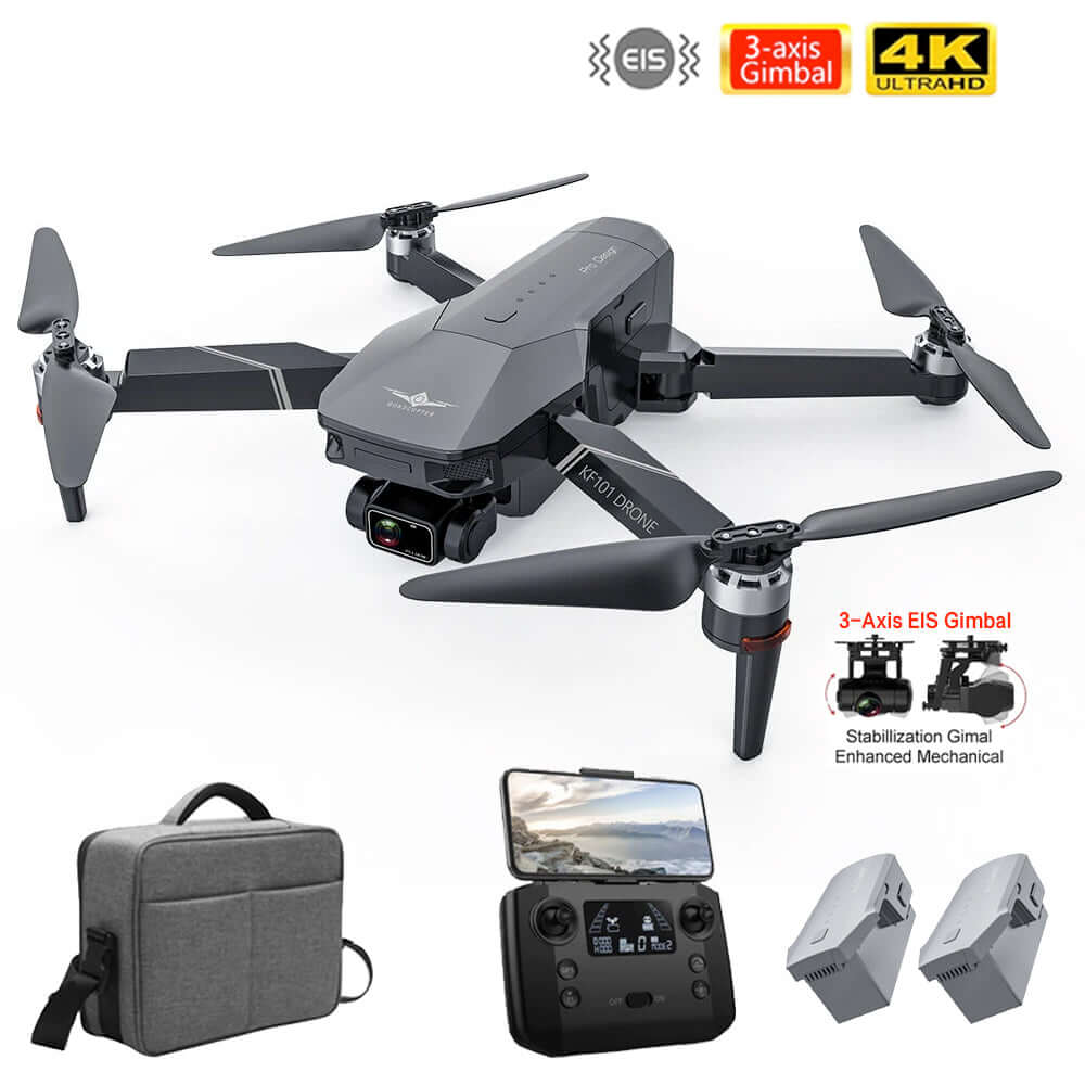 Close-up of 2-axis gimbal with 4K HD camera on KF101 drone