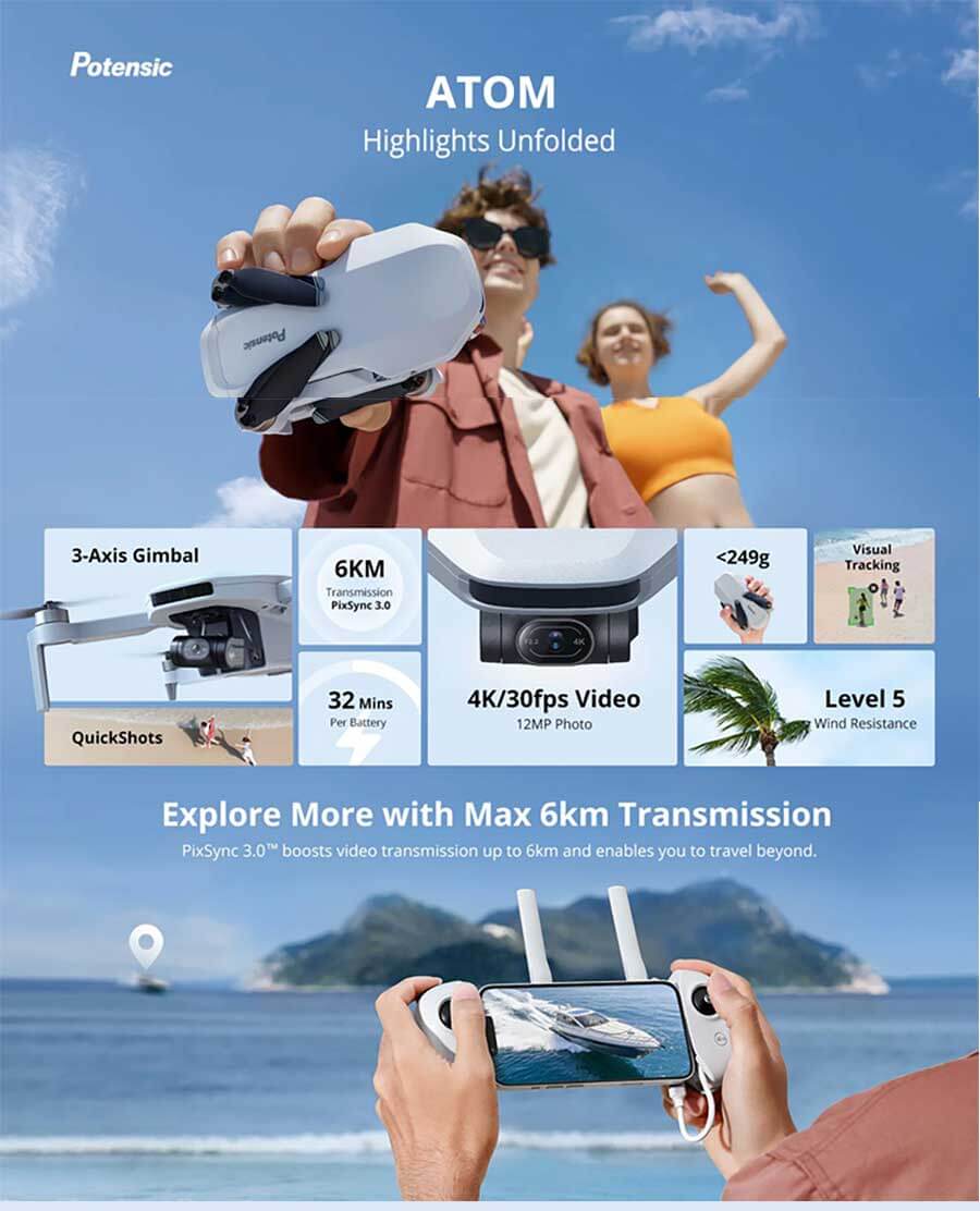 Flight range of Potensic ATOM drone displayed with 6KM transmission