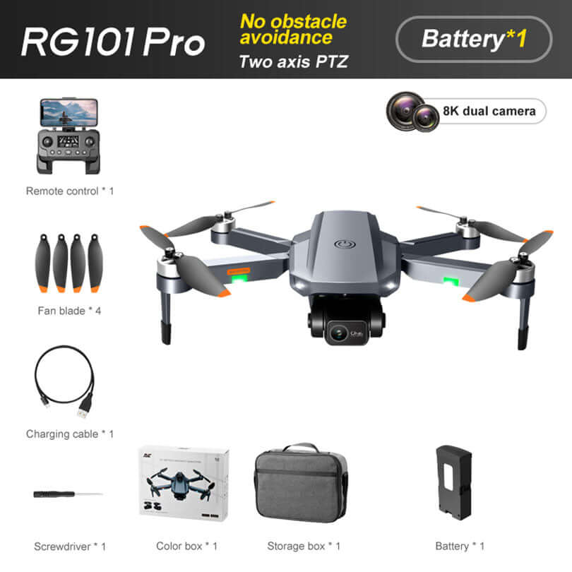 RG101 PRO drone flying in the sky with gimbal camera active